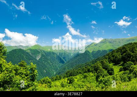 Il paesaggio del Parco Nazionale Lagodekhi con montagne e foreste in Georgia. Escursioni nel parco nazionale di Lagodekhi Foto Stock