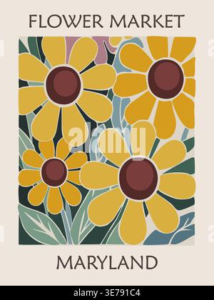 Poster rétro del mercato dei fiori con la fioritura dei girasoli Illustrazione Vettoriale