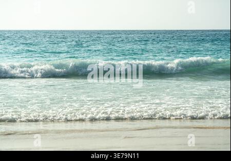 Le limpide onde turchesi si infrangono dolcemente su una tranquilla spiaggia sabbiosa sulla costa di un'isola tropicale, mostrando il paesaggio marino naturale delle Seychelles Foto Stock