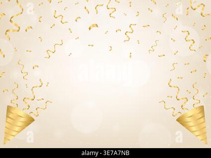 Sfondo della festa. Party Popper o Firecracker con Confetti su sfondo dorato. Falling Confetti for Party, Celebration, Anniversary, Christmas or N Illustrazione Vettoriale