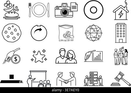Una raccolta di 20 icone di linea diverse relative al lavoro e alla vita quotidiana Illustrazione Vettoriale