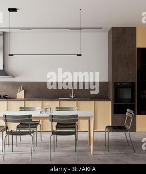 Cucina moderna con tavolo da pranzo e mobili minimalisti, caratterizzata da delicate tonalità neutre, luce naturale e composizione pulita per interni contemporanei Foto Stock