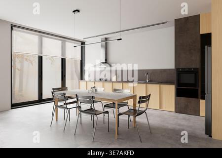 Cucina e zona pranzo contemporanee con mobili minimalisti, linee pulite, luce naturale e stile scandinavo per interni moderni Foto Stock