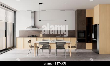 Cucina moderna con tavolo da pranzo e arredi minimalisti, con luce naturale, tonalità neutre e layout pulito per interni e casa contemporanei Foto Stock