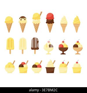 Set di gelato con coni per cialde, papaveri e ciotole di sundae, illustrazione vettoriale isolata. Illustrazione Vettoriale