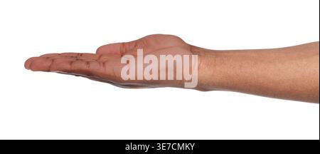 Mano dell'uomo Nero che tiene il palmo vuoto su sfondo bianco dentro Foto Stock