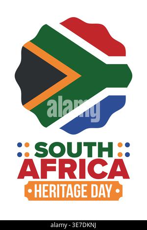 Giornata del patrimonio del Sudafrica. Buone vacanze. Celebra la cultura e le tradizioni della nazione. Bandiera sudafricana. Poster con illustrazione. Design di campitura Illustrazione Vettoriale