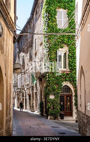 Vista di via Bonazzi nel centro storico medievale, con una pittoresca facciata ricoperta di edera, a Perugia, Italia. Foto Stock