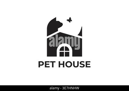 Il logo della casa degli animali con un gatto e una farfalla illustra un accogliente rifugio per gli animali domestici. Questo design moderno rappresenta i servizi e il comfort per la cura degli animali Illustrazione Vettoriale