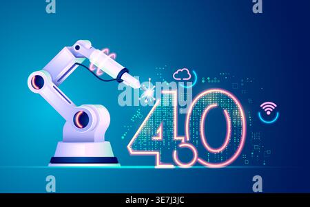 concetto di industria 4,0 o industria futuristica, grafica di braccio robotico con elemento tecnologico Illustrazione Vettoriale