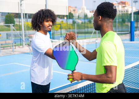 Giocatori di pappagallo nero maschili che stringono la mano in piedi sul campo all'aperto nelle giornate di sole Foto Stock