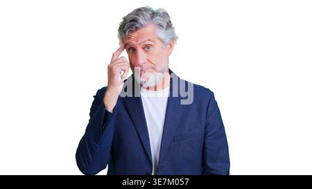 Un uomo anziano che pensa, ha un'idea, un background trasparente Foto Stock