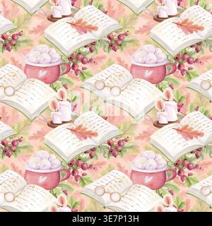 Acquerello senza cuciture con libri, tazze di cacao e frutti di bosco autunnali. Intimo sfondo da lettura hygge. Illustrazione Cottagecore Foto Stock