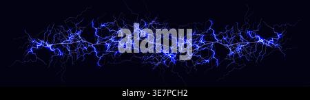 Linea di energia elettrica dei fulmini, scintille al plasma al neon blu, sfondo astratto ad alta tensione effetti fulmini per giochi VFX, banner tecnologici fantascientifici Illustrazione Vettoriale
