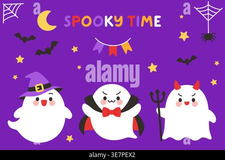 Simpatici fantasmi in costumi di Halloween con Spooky Time Text Vector Design Illustrazione Vettoriale