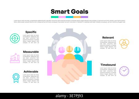 Infografica sugli obiettivi intelligenti con icone e handshake per l'illustrazione vettoriale del lavoro di squadra e della collaborazione Illustrazione Vettoriale