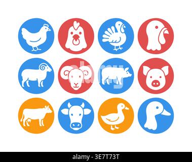 Raccolta di 12 icone del glifo nero animali d’allevamento e pollame, compresi suini, vacche, ovini, tacchini, polli e anatre. Disegno vettoriale piatto minimalista f Illustrazione Vettoriale