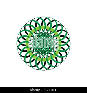 Motivo a spirale Mandala. Forma vettoriale verde/nero. Ripetizione circolare complessa. Elemento ottico astratto. Illustrazione Vettoriale