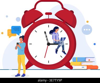 Donne produttive che bilanciano lavoro, studio e comunicazione digitale con una grande sveglia rossa. Illustrazione Vettoriale