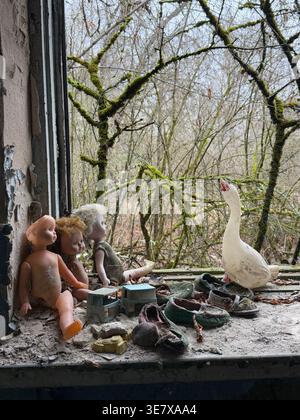 Bambole abbandonate e giocattoli sul davanzale in un edificio abbandonato con foresta sovrastata all'esterno Foto Stock