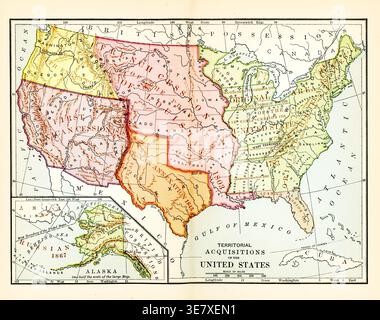 Questa mappa del 1884 mostra le acquisizioni territoriali degli Stati Uniti, con l'anno di acquisizione per ciascuno. Tra questi vi sono: Trattato dell'Oregon 1846, First Mexican Cession 1818, Cession francese della Louisiana 1803, annessione texana 1815, Massachusetts Cession 1785, Connecticut Cession 1800, Virginia Cession 1784, North Carolina Cession 1790, Georgia Cession 1802, Spanish Cession 1819, Original Thirteen Colonies. Foto Stock