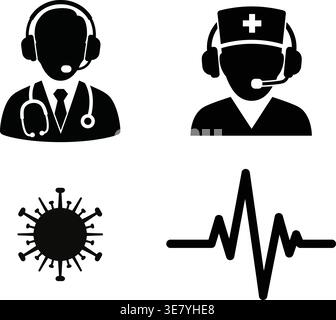 Icone di telemedicina online e supporto medico - Dottore con cuffia, consulente infermiere, cellula coronavirus e battito cardiaco. Illustrazione Vettoriale