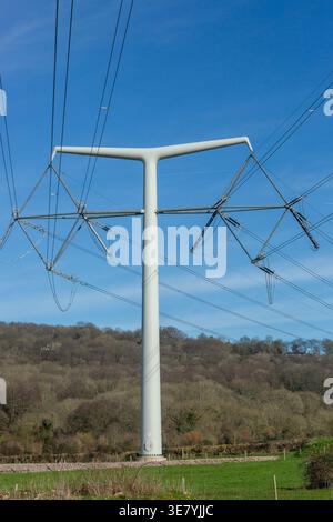 Un T-Pylon, un moderno pilone elettrico progettato dagli architetti danesi Bystrup vicino a Bristol, in Inghilterra Foto Stock