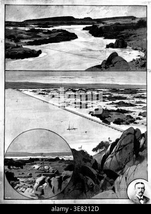 The Barrage of the Nile, 1898. « 1. Sito della diga e delle chiuse sotto la grande caduta della Cataratta ad Assouan. Vista dalla Cisgiordania. 2. La diga come apparirà al termine. 3) sito della diga proiettata, vista dalla East Bank. 4) Sir W. Garstin, K.C.M.G., Sottosegretario di Stato per i lavori pubblici, Egitto, ideatore del progetto. Da fotografie e schizzi forniti da Sir Benjamin Baker, F.B.S., K.C.M.G. il sistema di bacino idrico e diga progettato per lo stoccaggio delle acque del Nilo nell'alto Egitto, in vista della regolazione dell'approvvigionamento idrico vitale per la Foto Stock