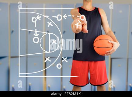 mano di un allenatore di pallacanestro che disegna una tattica di basket con gesso bianco sulla lavagna dello stadio dell'arena Foto Stock