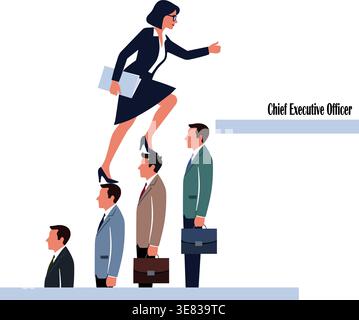 Illustrazione concettuale che mostra una donna che sale la scala della carriera con l'aiuto di colleghi maschi, simboleggiando il lavoro di squadra, il sostegno, l'uguaglianza, la leadership Illustrazione Vettoriale