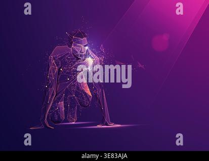 concetto di scienza dello sport o metafora di affari, grafica dell'uomo futuristico in grado di prepararsi per iniziare Illustrazione Vettoriale
