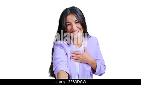 Donna sorridente che stringe la mano per una stretta di mano e un accordo Foto Stock