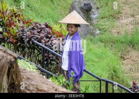 11 gennaio 2014 - Bali, Indonesia: Donna sorridente in un tradizionale cappello intrecciato in piedi su gradini all'aperto accanto alle piante tropicali nella zona rurale di Bali. Foto Stock