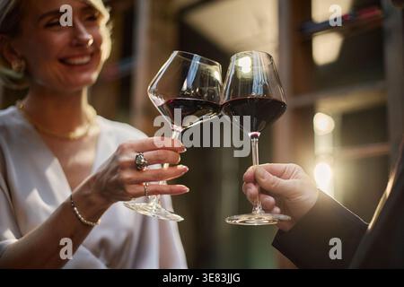 Coppia di adulti che brinda vino rosso durante la cena di lusso Foto Stock