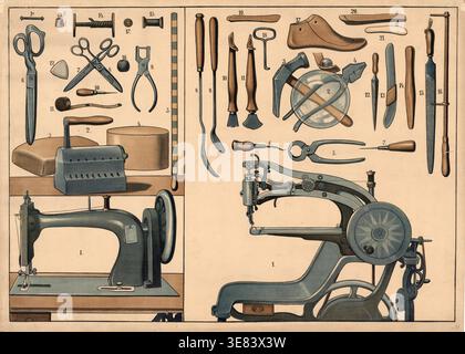 "L'immagine mostra un antico schema tecnico che raffigura gli strumenti storici. Il lato sinistro illustra gli attrezzi per sarti, tra cui aghi, forbici e una classica macchina da cucire. Il lato destro mostra macchine e attrezzi specializzati per calzolai o sellatrici, come durate e aquile. Si tratta di un'autentica riproduzione restaurata digitalmente di un originale del XIX secolo; la data esatta dell'illustrazione è sconosciuta. Storico." Foto Stock