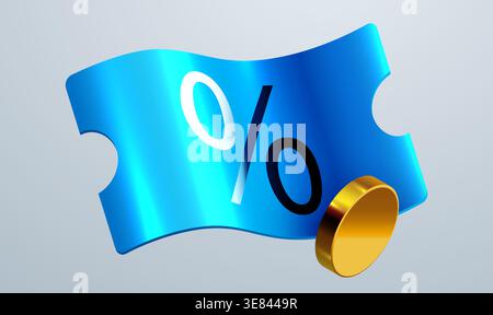 Buono sconto Dynamic Blue con un segno di percentuale e una moneta d'oro. Perfetto per gli annunci di vendita. Illustrazione vettoriale. Illustrazione Vettoriale