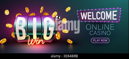 Casinò online Big Win slot machine con monete d'oro cadenti. Benvenuto a giocare e divertiti con questo gioco entusiasmante. Illustrazione vettoriale. Illustrazione Vettoriale