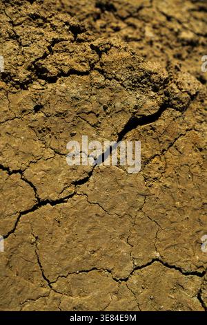 Vista della terra arroccata, la sua superficie crepata e asciutta sotto il sole duro, rivelando un paesaggio di arida desolazione, Hrunamannahreppur, Islanda. Foto Stock
