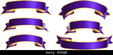 elegante elegante, semplice e ampio viola con striscione a nastro con finitura oro che scorre vuoto vettore impostato su sfondo trasparente Illustrazione Vettoriale