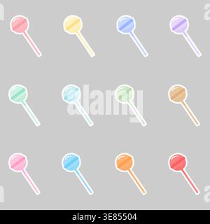 Set di coloratissimi adesivi con caramelle lecca nei toni pastello, simpatiche icone dolci con ombre morbide, perfetti per il design dei bambini, la confezione, gli adesivi e. Illustrazione Vettoriale