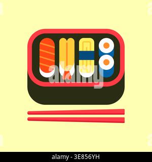 Scatola Bento giapponese con sushi salmone gamberi Tamagoyaki e bastoncini illustrazione vettoriale Illustrazione Vettoriale