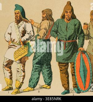 Sciti e parti, vicino Oriente, 1881. Da sinistra a destra; 1: Abbigliamento scita maschile, 2: Cintura dalle sfumature maschili, 3: Uomini delle classi popolari. Cromolitografia. "Historia Universal" (storia universale), di Cesar Cantu. Volume i, 1881. Foto Stock