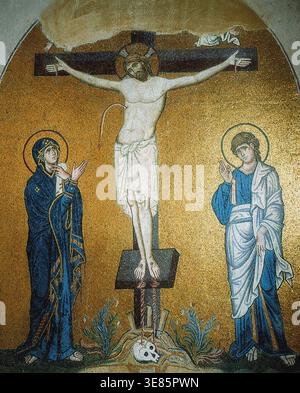 La Crocifissione, XI secolo. Si trova nella Collezione del Monastero di Daphni. Foto Stock