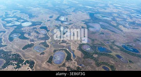 Una prospettiva ad alta quota del vasto ecosistema Pantanal (Pantanal Matogrossense), che mostra l'intricata rete di fiumi, laghi e zone umide Foto Stock