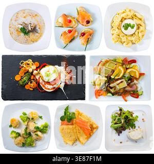 Collage di vari cibi per la colazione e la cena su sfondo bianco Foto Stock