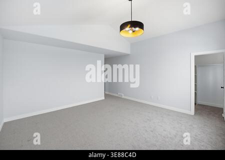 Camera pulita e minimalista con moquette grigio tenue. La moderna lampada a sospensione è appesa al soffitto. Pareti bianche e battiscopa creano un'atmosfera luminosa e aperta. O Foto Stock