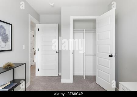Le porte pulite e bianche incorniciano uno spazio minimalista dell'armadio. La moquette morbida completa le pareti in grigio neutro. Lo scaffale moderno contiene decorazioni e una stampa incorniciata. Brillante Foto Stock