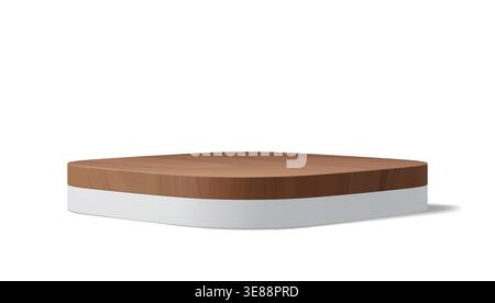 Palco in legno 3d realistico con piastra bianca per la promozione di prodotti cosmetici. Moderno display vettoriale da studio con superficie liscia arrotondata e squadrata per il branding e il mockup di presentazione Illustrazione Vettoriale