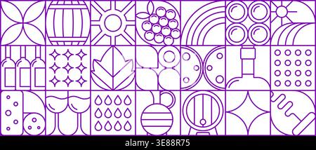 Vino e vitigno con linee geometriche astratte, bevande vettoriali e sfondo alimentare. Bottiglie viola, bicchieri, botti e caraffa di vino, frutta d'uva e sagome di foglie di vite Illustrazione Vettoriale