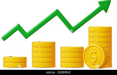 freccia di crescita del denaro 3d con pile di monete d'oro. Infografica sul successo finanziario che mostra l'aumento dei profitti, il ritorno sugli investimenti, il progresso del business, la crescita economica, i risparmi, capitale e andamento positivo del mercato Illustrazione Vettoriale